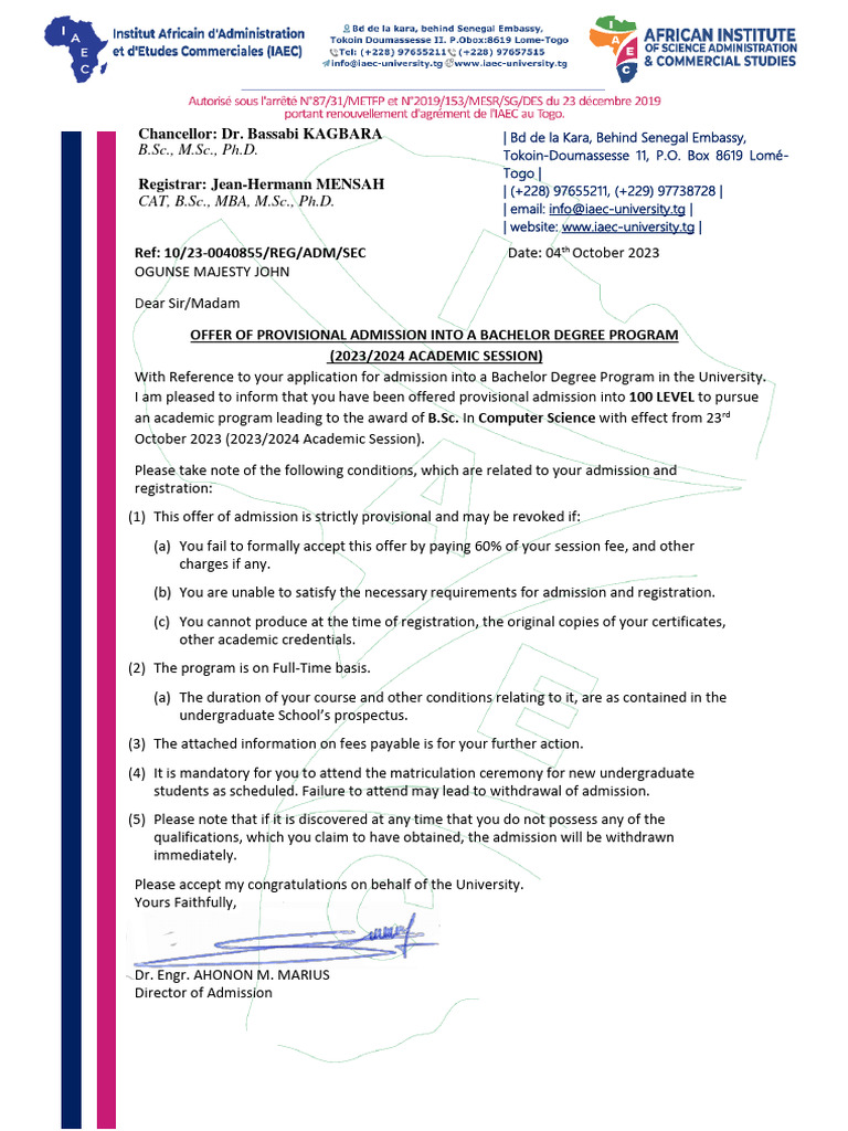 Provisional Admission Offer for B.Sc. | PDF