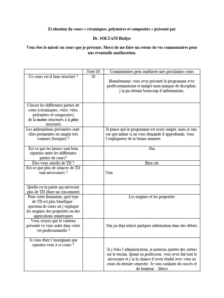 Évaluation du cours sur céramiques et polymères | PDF
