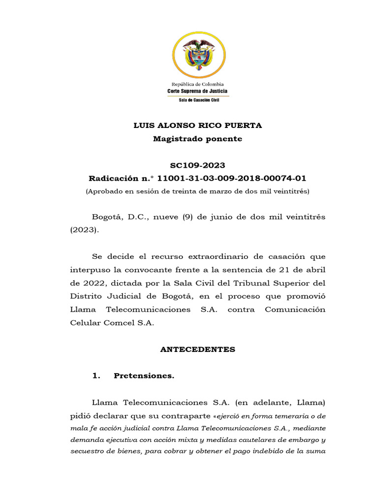 Sentencia SC109 2023 | PDF | Mandato | Demanda judicial