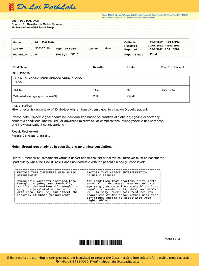 Diabetes Test Report for Mr. Balram | PDF | Glycated Hemoglobin ...