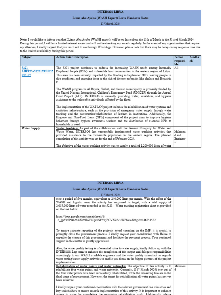 WASH Expert Handover Note - Linus Abu Ayaba | PDF | Wash | Procurement