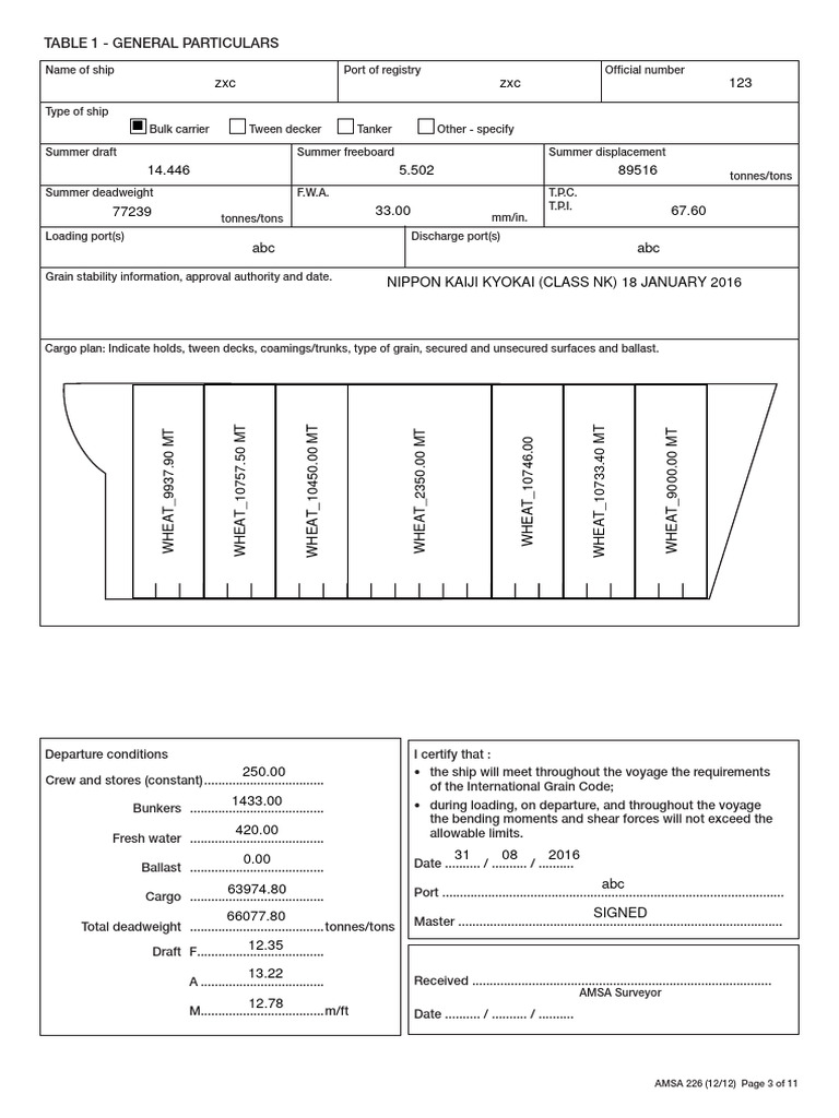 AMSA Form 226: Grain Stability Data | PDF | Ton | Ships