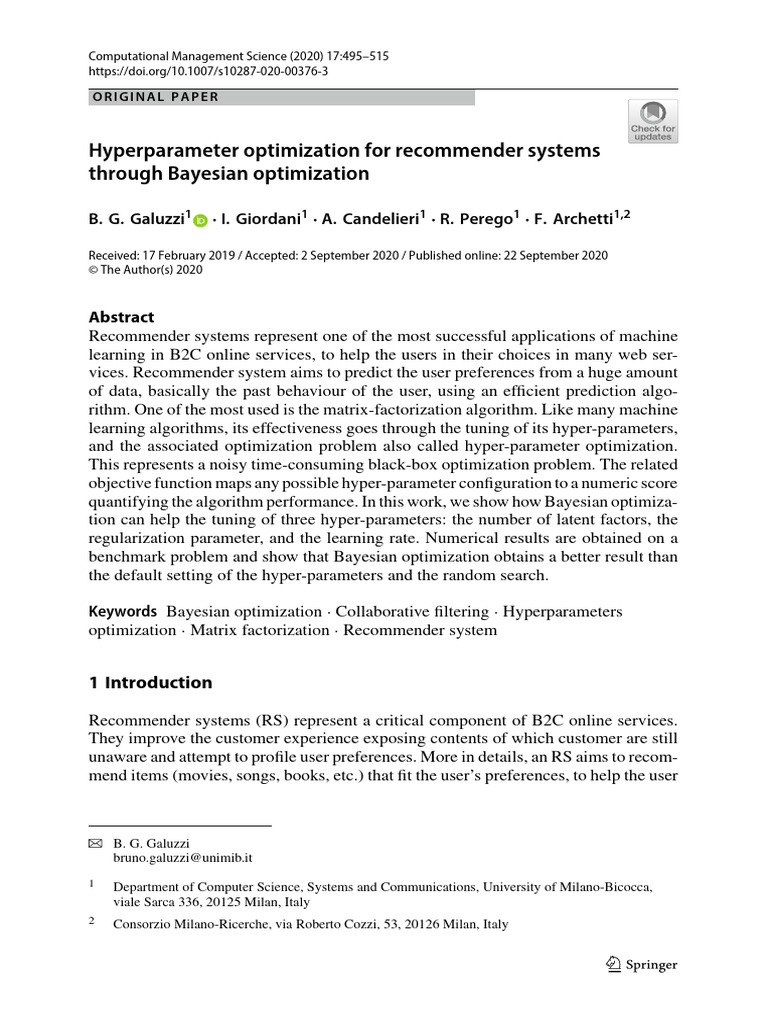 Hyperparameter Optimization For Recommender Systems Through Bayesian ...