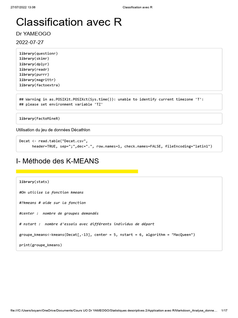 Classification K-means et CAH avec R | PDF