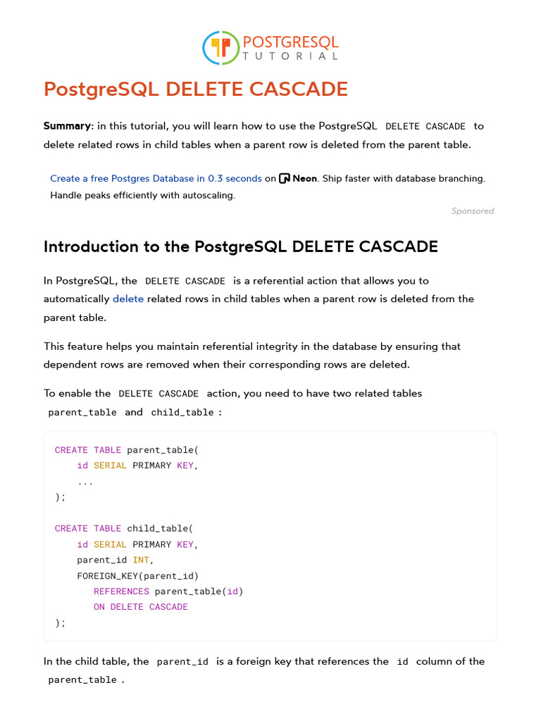 PostgreSQL DELETE CASCADE Download Free PDF Databases Data Model