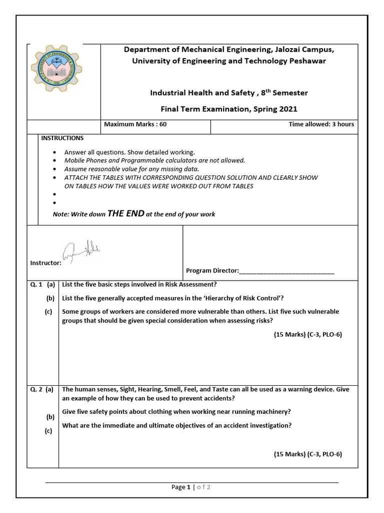 Industrial Health and Safety Final Spring 2021 Question Paper | PDF ...