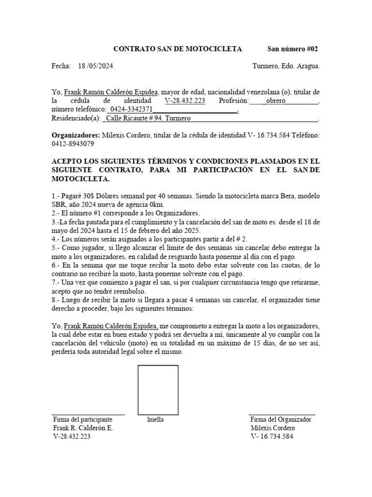 Contrato de San de Motocicleta 2024 | PDF | Finanzas y dinero | Derecho