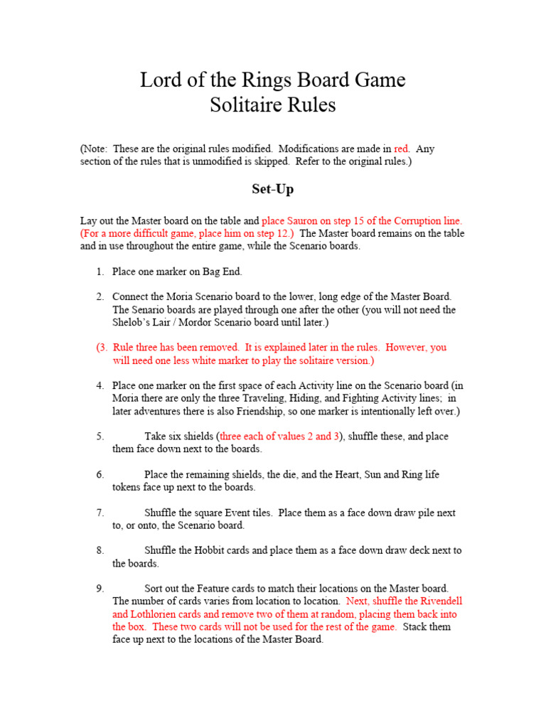 Solitaire Rules for LOTR Board Game | PDF | J. R. R. Tolkien | Middle Earth