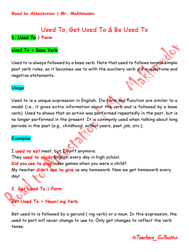 Used To Vs Get Used To @teachers - Collection | PDF | Verb | English ...