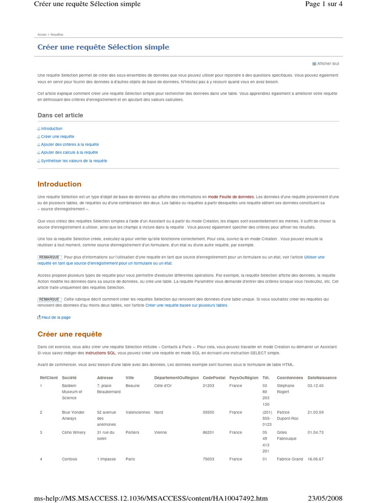 Créer une requête Sélection dans Access | PDF | Microsoft Access | SQL