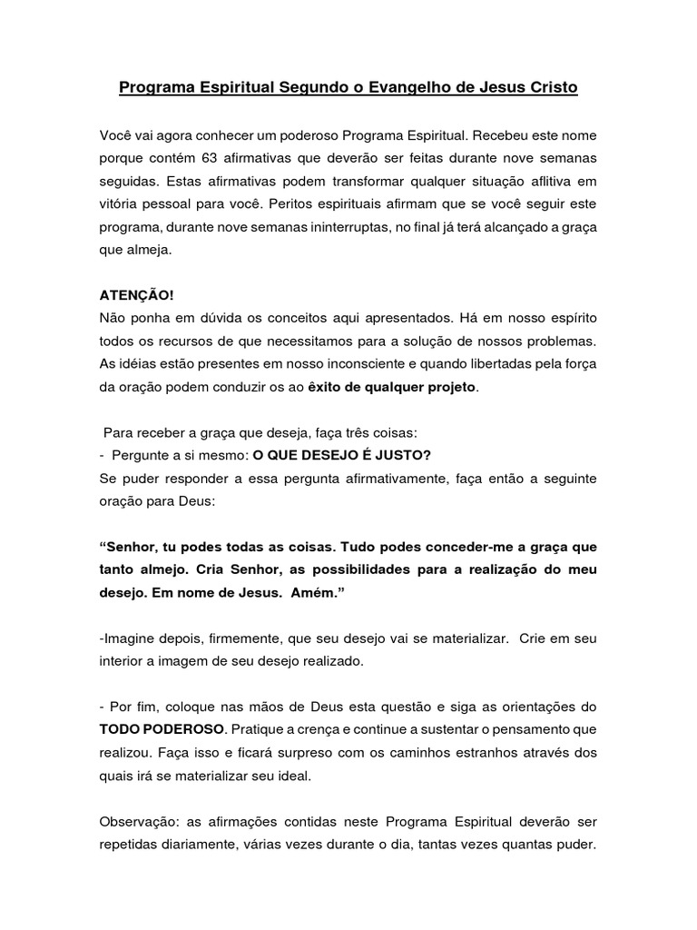 Programa Espiritual Segundo o Evangelho de Jesus Cristo | PDF | Oração | Fé