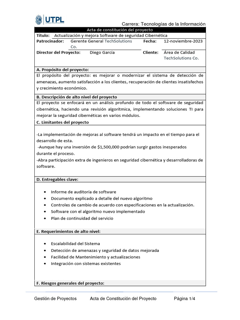 E1 - 1 Acta de Constitución Del Proyecto | PDF | Software | La ...