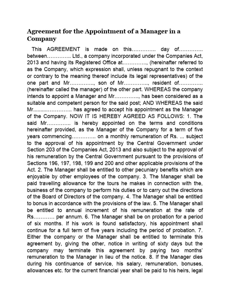 Manager Appointment Agreement Template | PDF | Patent | Invention