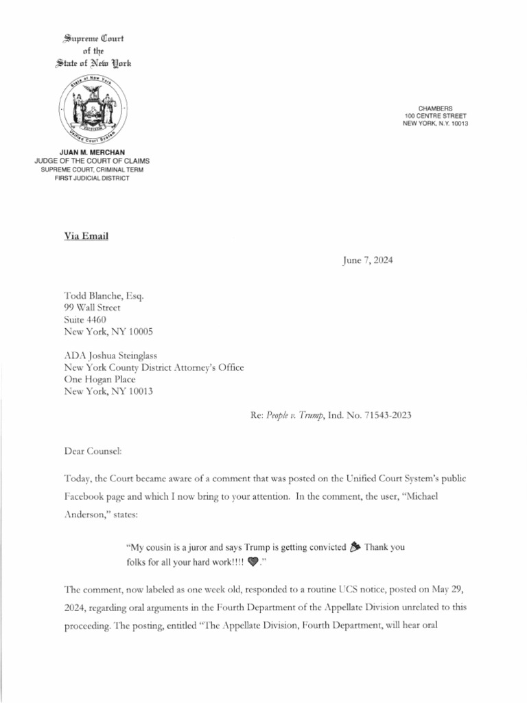 Merchan Letter On Comment | PDF