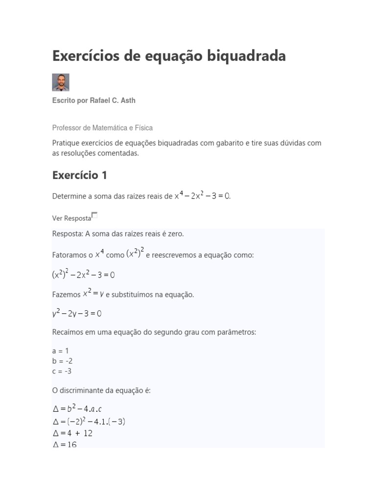 Exercícios de equação biquadrada | Download grátis PDF | Equações ...