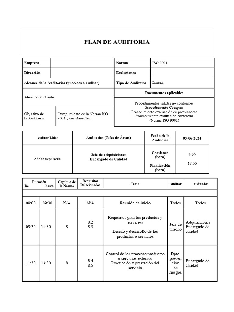 Plan de Auditoría ISO 9001 2024 | PDF | Auditoría | Business