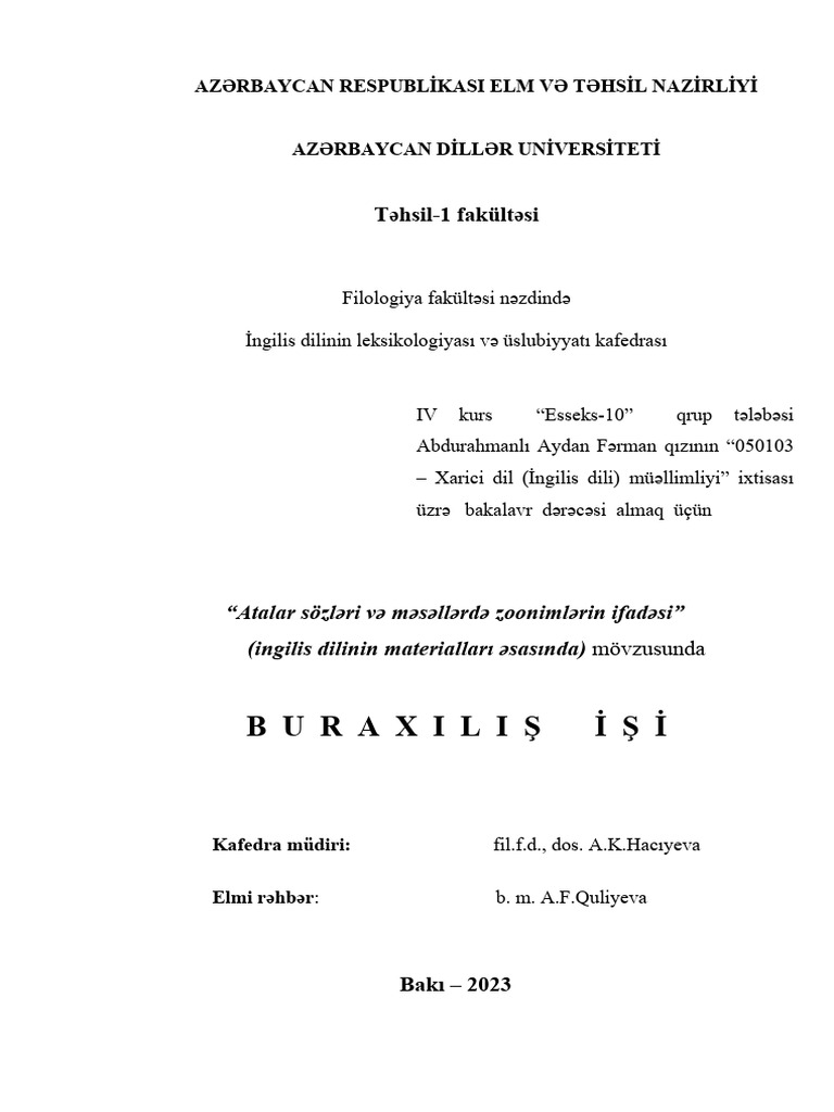 Atalar Sozu Ve Mesellerde Zoonimlerin Ifadesi | PDF