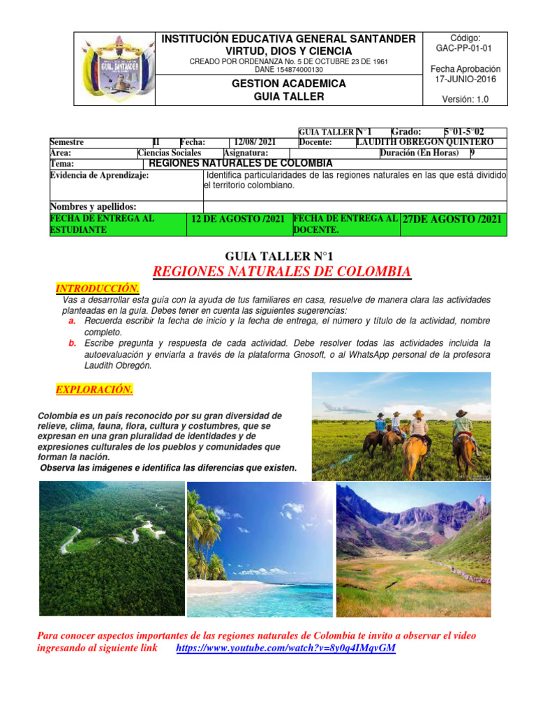 1.guia Sociales 5°. Semestre Ii. Regiones Naturales de Colombia 2021 | PDF
