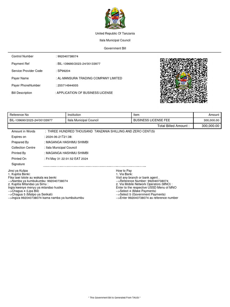 Ilala Municipal Council Business License Bill | PDF | Payments ...