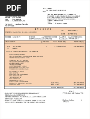 Invoice for Hitachi Excavator Purchase | PDF | Heavy Equipment