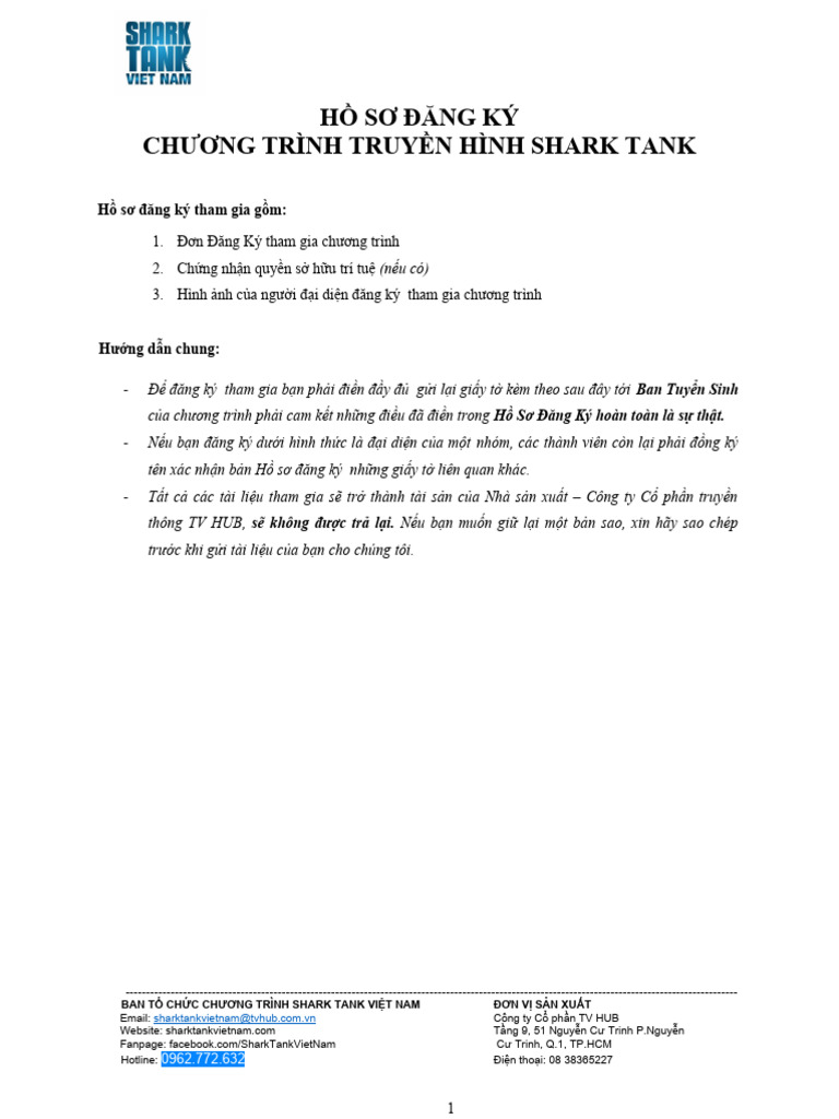 SHARK TANK - Form Dang Ky 1210 | PDF