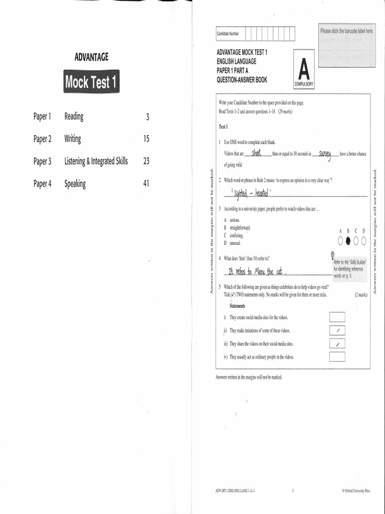 Advantage Mock Test 1 Paper 1 - Q&A (A&B1) | PDF