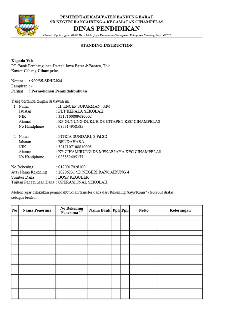 Permohonan Standing Instruction Sekolah | PDF