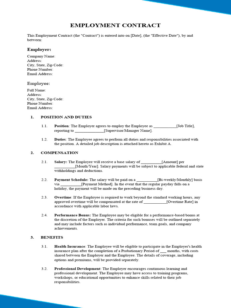 Printable Employment Contract Template | PDF | Employment | Overtime