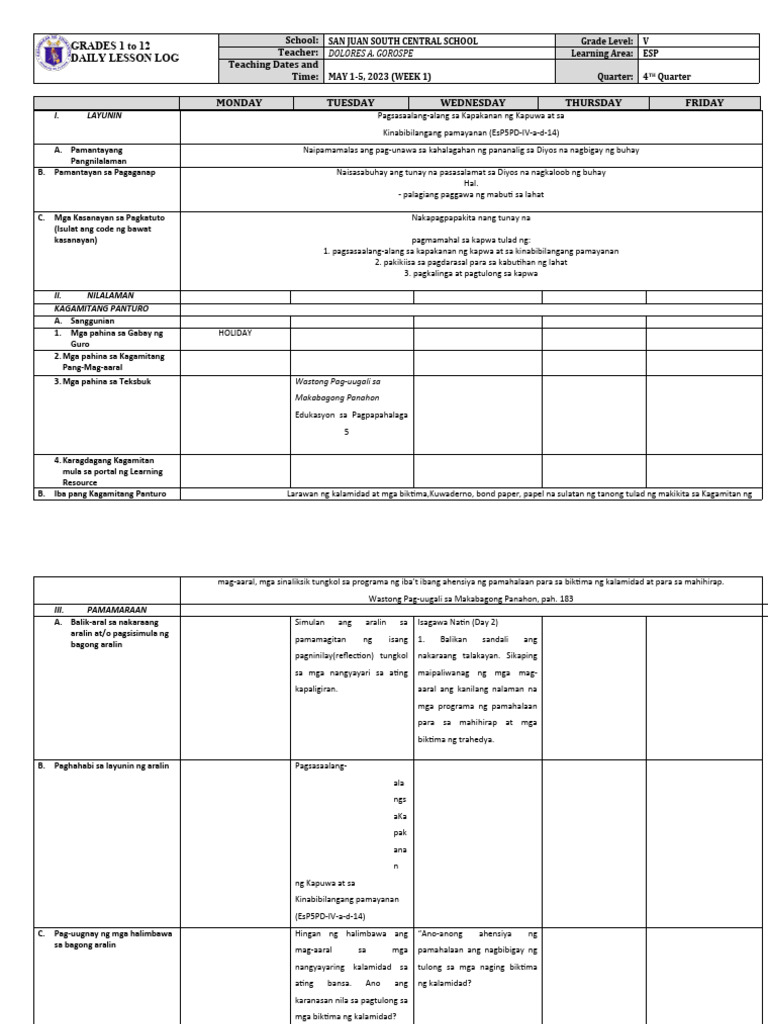Grade 5 DLL ESP 5 Q4 Week 1 | PDF