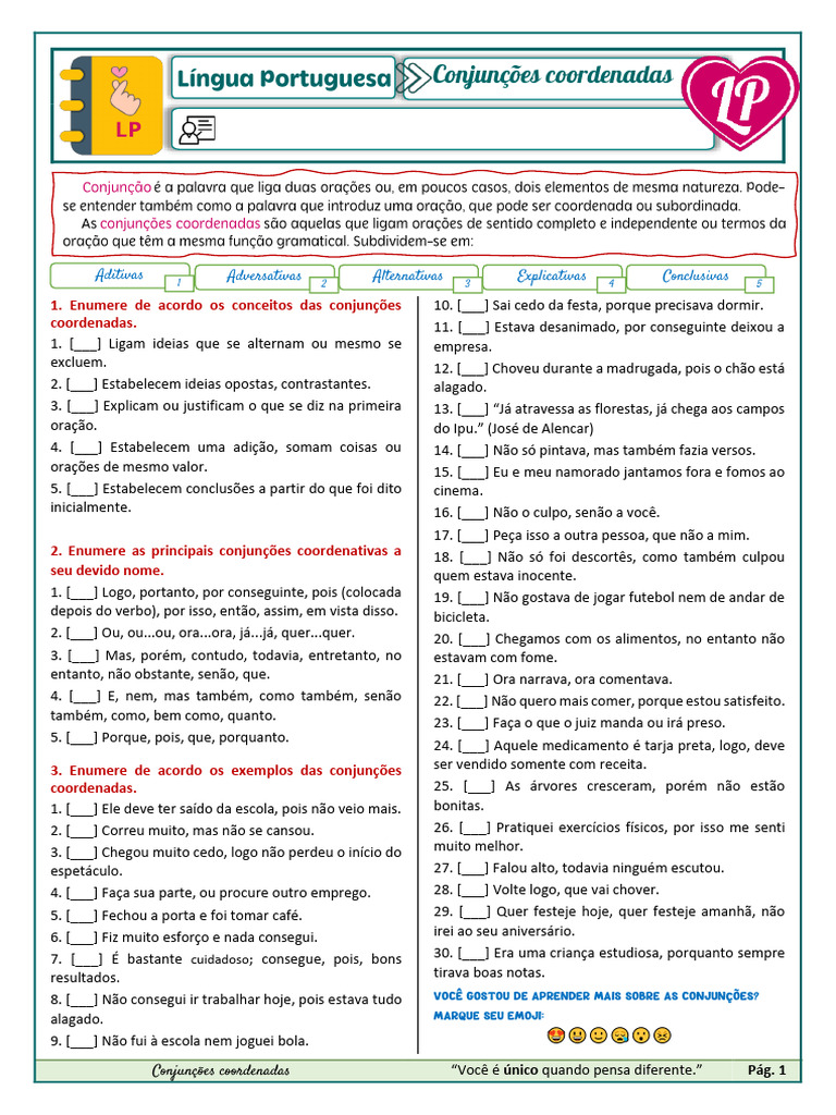 Exercícios sobre Conjunções Coordenadas | PDF