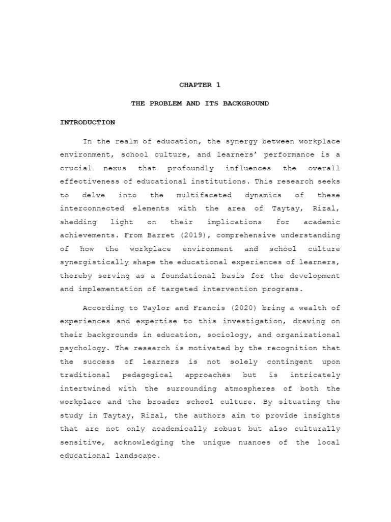 Chapter 1 workplace environment school culture and learners performance in taytay rizal basis