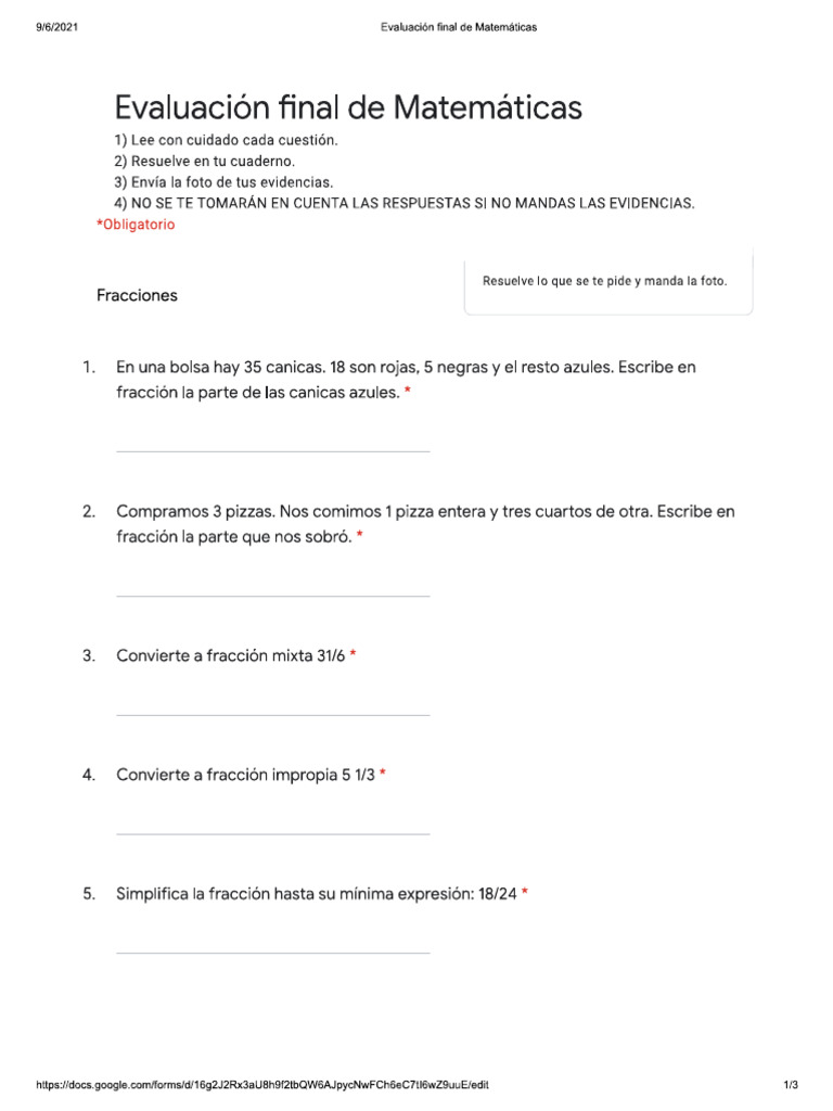 Examen Final Mate (C) Fracciones y Mecanizaciones | PDF