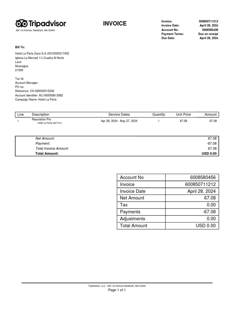 Invoice for Hotel La Perla Services | PDF | Payments | Taxes