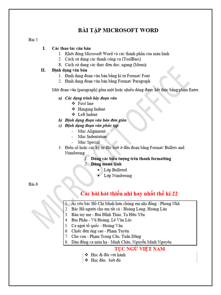 BÀI TẬP MICROSOFT WORD | PDF