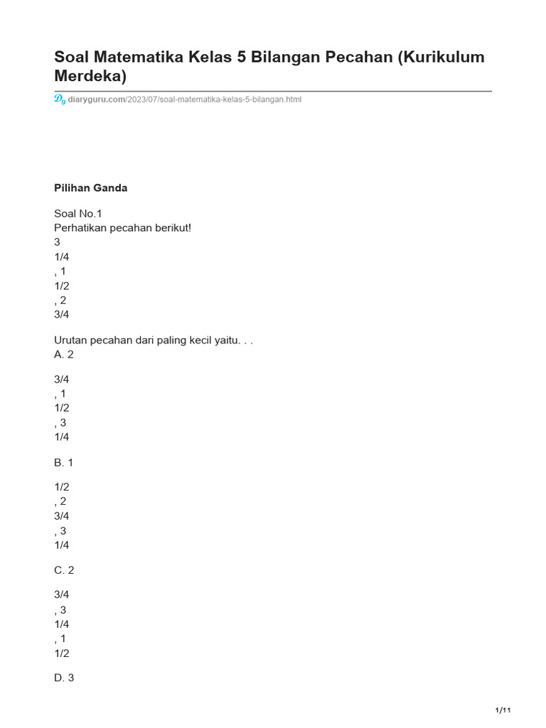 Soal Matematika Kelas 5 Bilangan Pecahan Kurikulum Merdeka | PDF ...