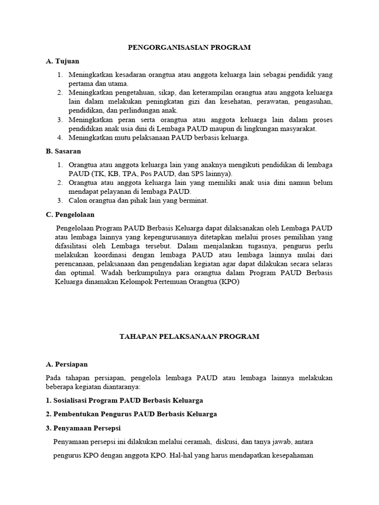 Program PAUD Berbasis Keluarga: Tujuan dan Pelaksanaan | PDF
