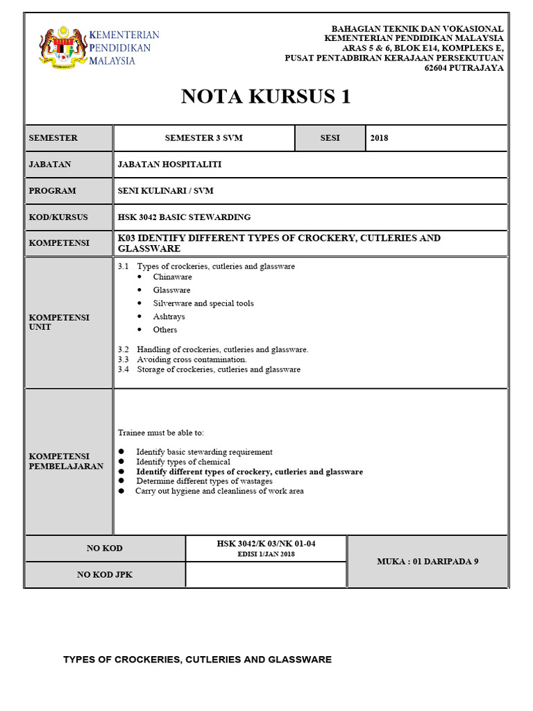K3 Identify Different Types of Crockery, Cutleries and Glassware | PDF