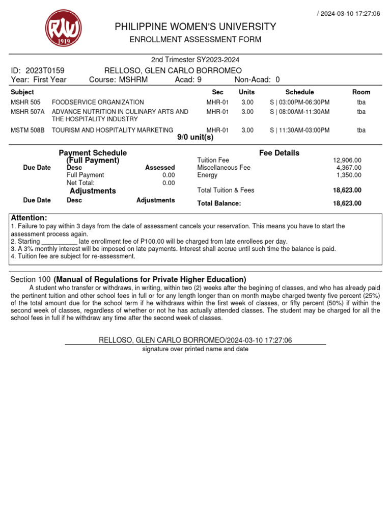 AssessmentForm PWU | PDF | Tuition Payments | Fee