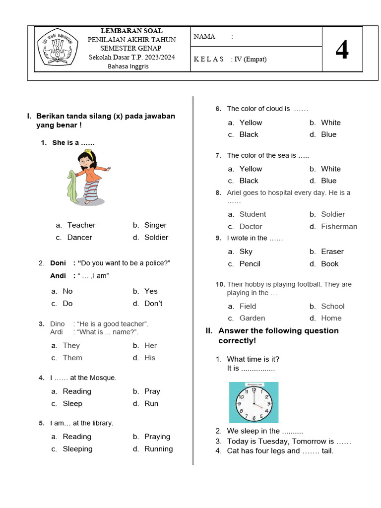 Soal Pts II B.inggris Kelas 4 | PDF | Language Arts & Discipline