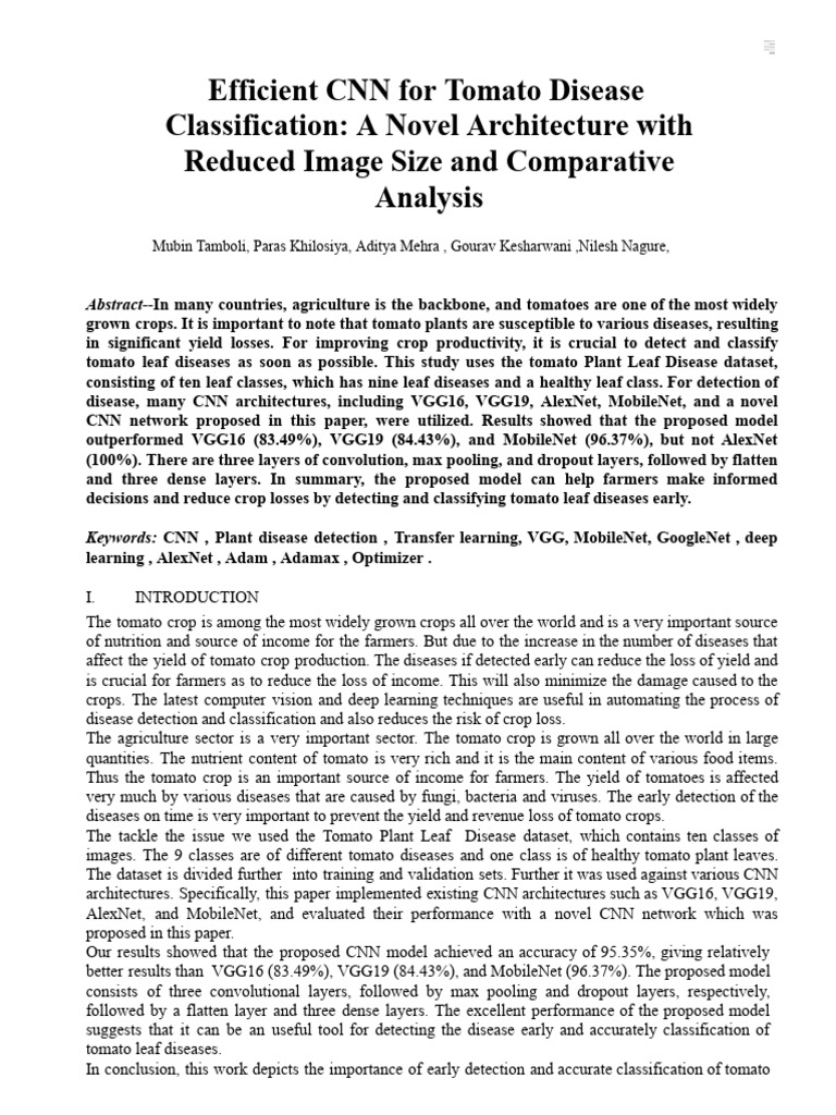 Efficient CNN for Tomato Disease Detection | PDF | Deep Learning ...