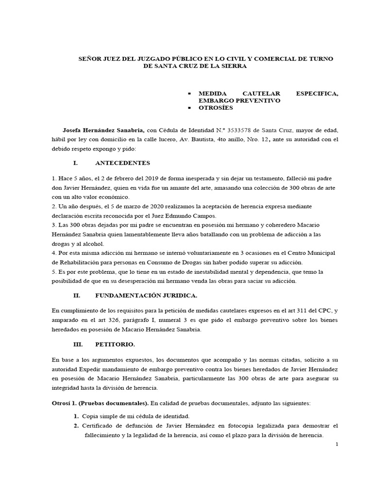 Medida cautelar de Embargo Preventivo | PDF | Mandato | Derecho Civil
