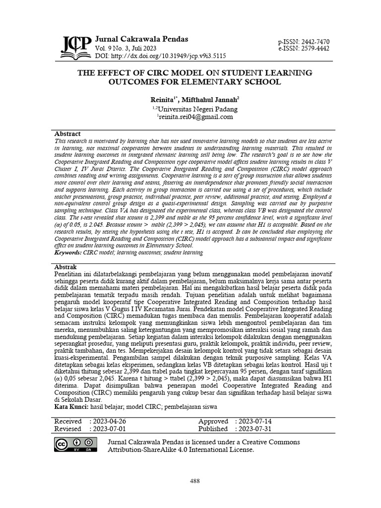 The Effect of Circ Model On Student Learning Outcomes For Elementary ...