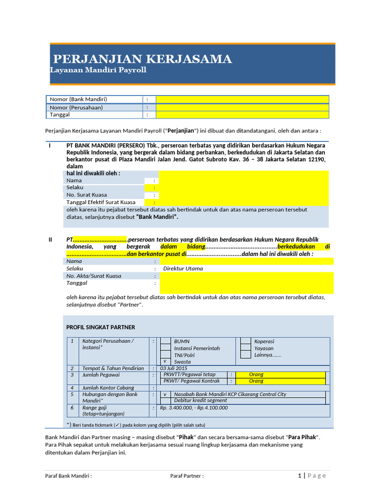 Perjanjian Kerjasama Mandiri Payroll | PDF | Bisnis | Pengelolaan ...