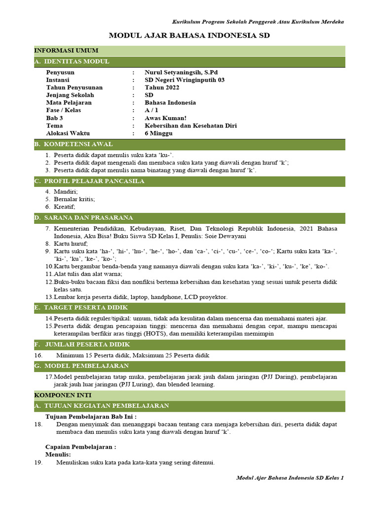 Modul Ajar Bahasa Indonesia SD Kelas 1 | PDF | Karier & Perkembangan