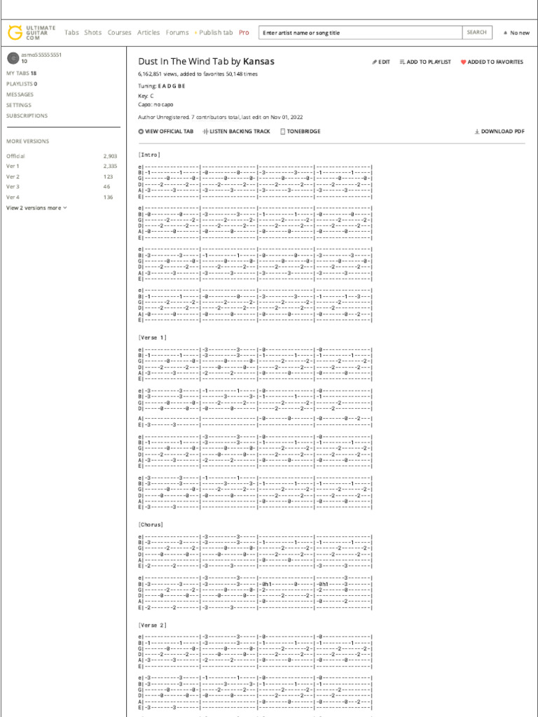 DUST in the WIND TAB by Kansas Download Free PDF Sound Recording