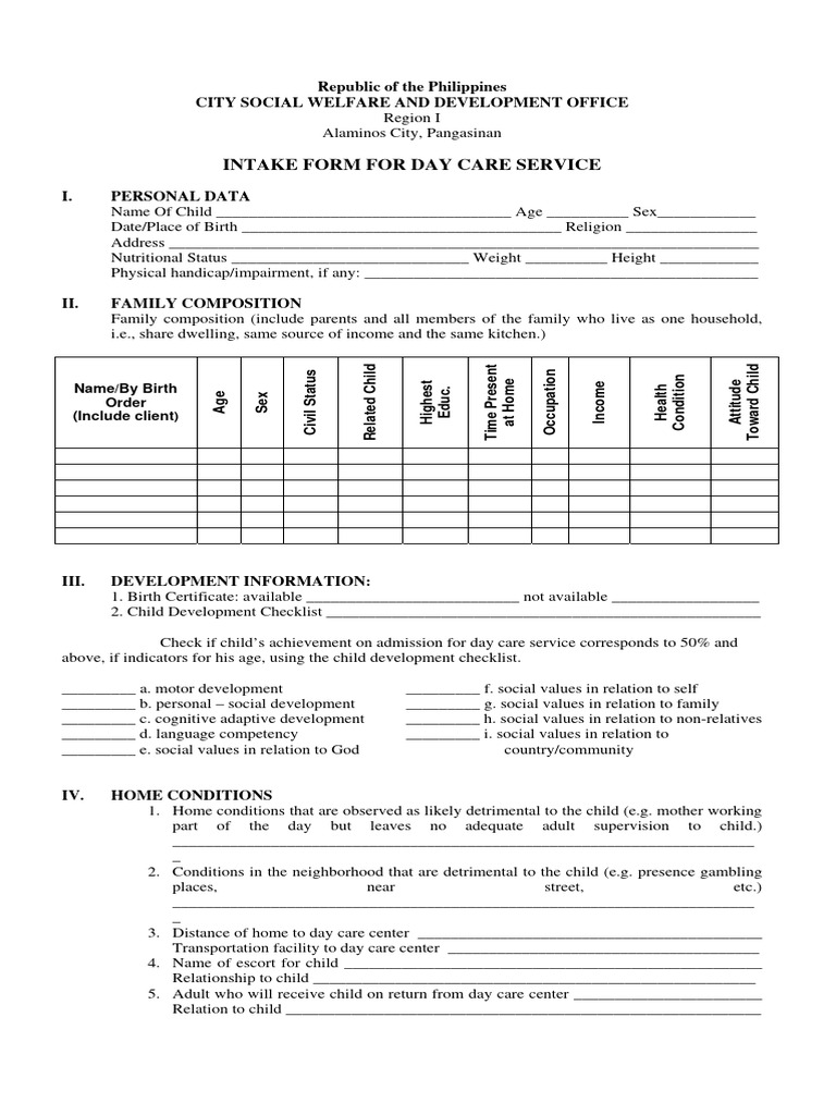 In Take Form For Day Care | PDF | Child Care | Family