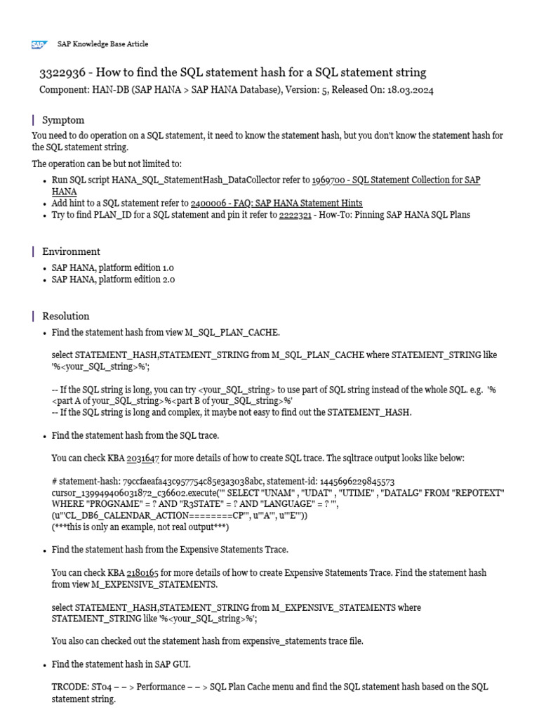 How to find the SQL statement hash for a SQL statement string ...