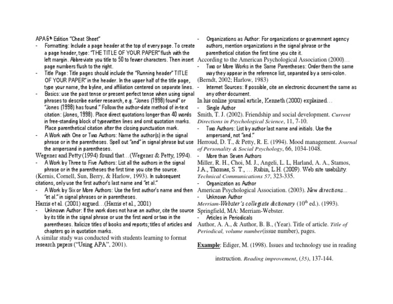 APA 6th Edition Cheat Sheet | Citation | Bracket