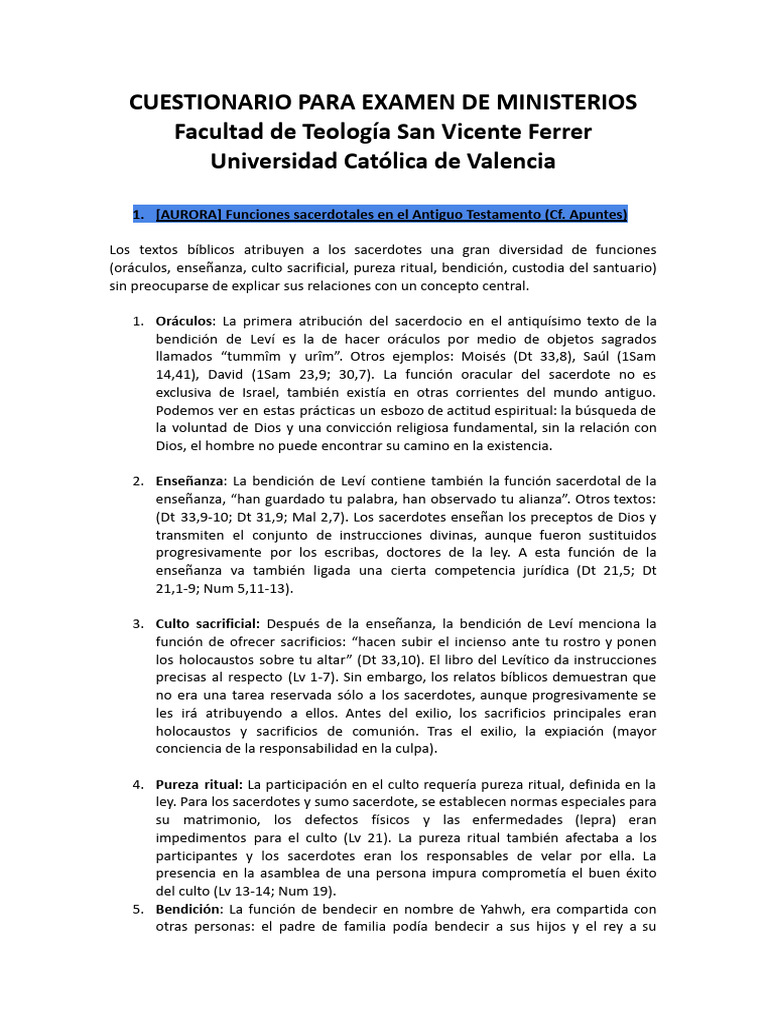 Cuestionario para Examen de Ministerios | PDF | Sacerdote | Iglesia ...