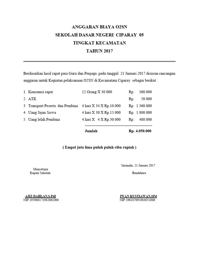 Anggaran O2SN SDN Ciparay 2017 | PDF
